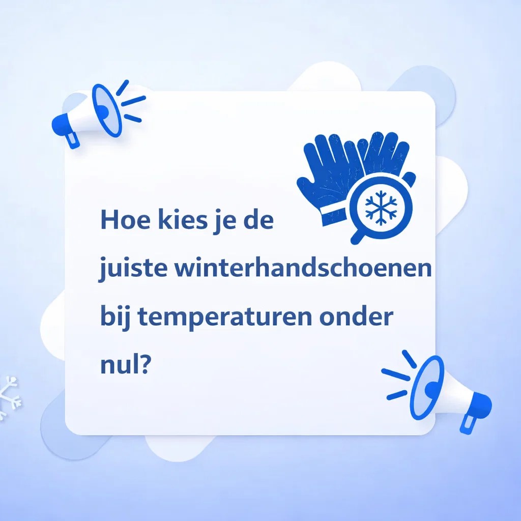 blog gaat over winterhandschoenen Een blauw-witte illustratie met de tekst: "Hoe kies je de juiste winterhandschoenen bij temperaturen onder nul?" De afbeelding bevat de volgende elementen: Een centrale witte kaart met de tekst in blauwe letters. Rechtsboven een icoon van een paar blauwe handschoenen met een vergrootglas dat een sneeuwvlok laat zien. Twee blauwe megafonen in de hoeken (linksboven en rechtsonder) die naar het midden wijzen. Een zachtblauwe achtergrond met abstracte witte en blauwe vormen.