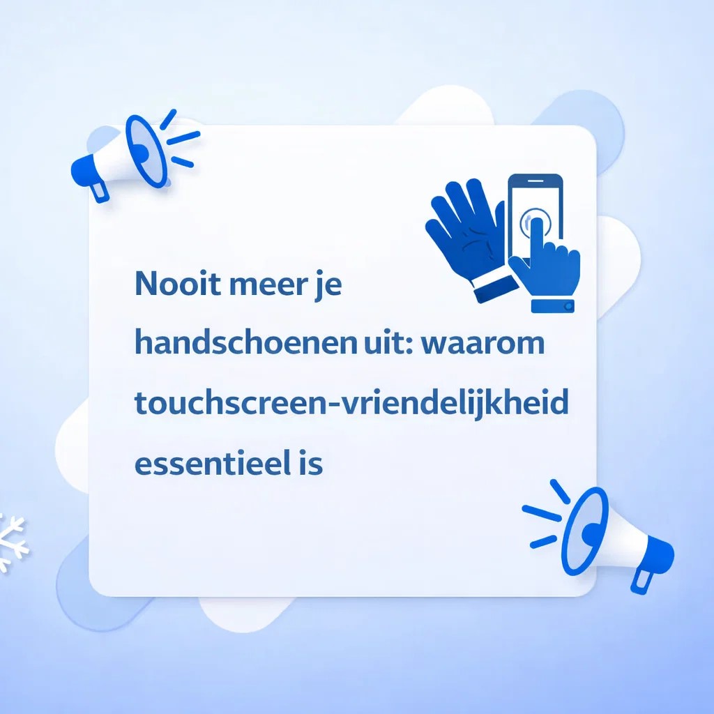 De tekst luidt: "Nooit meer je handschoenen uit: waarom touchscreen-vriendelijkheid essentieel is". Een grafische illustratie met een lichtblauwe achtergrond en een centraal wit vlak. Rechts van de tekst staat een icoon van een blauwe handschoen die een smartphone bedient. De hoeken zijn gedecoreerd met twee blauw-witte megafoons en een abstracte sneeuwvlok